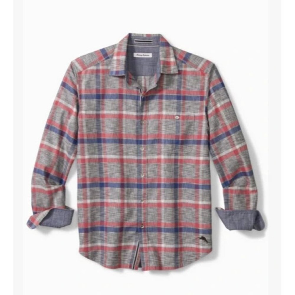 Tommy Bahama Canyon Beach Bonfire Plaid Flannel Shirt Men’s Medium Carbon Grey
